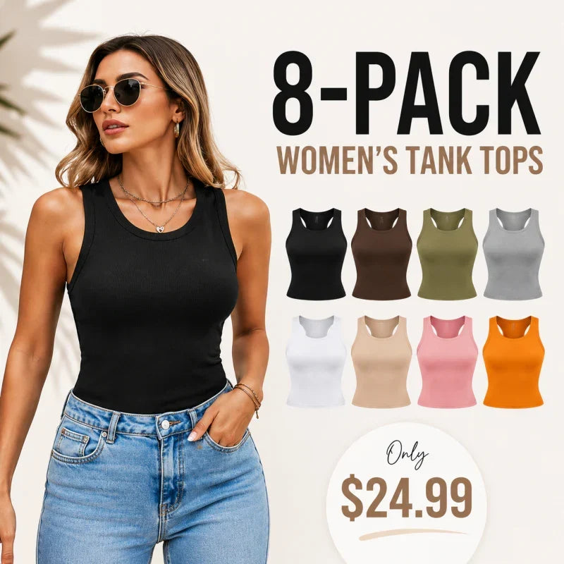 This Week's Special Price🍃Round Neck Built-in Bra Ribbed Tank Top Fit Casual Comfortable💥