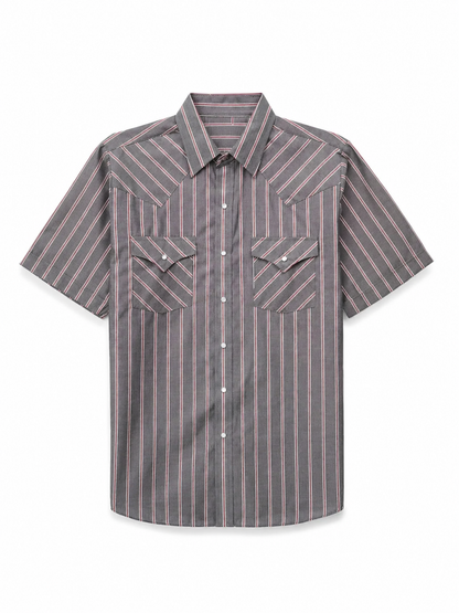 Men's Western Stripe Snap Shirt with Pocket - Short Sleeve Casual Cowboy Shirt