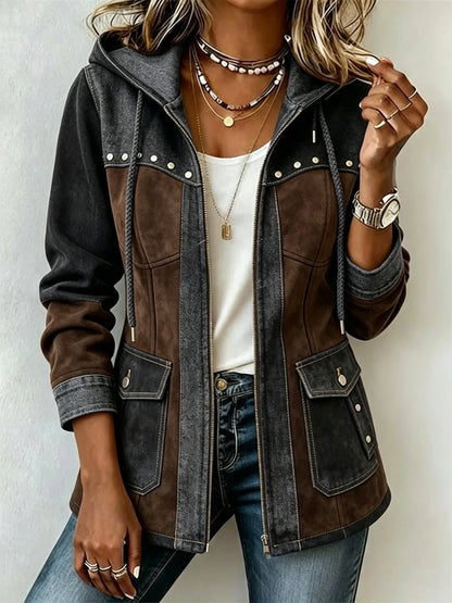 Denim Patchwork Suede Hooded Jacket