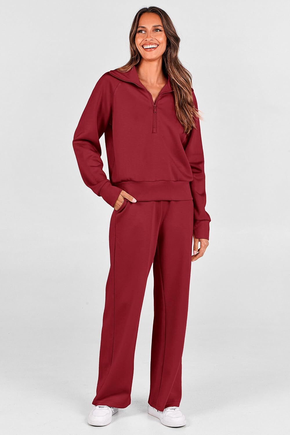 Women's Outfits Casual Lapel Half Zip Sweatshirts And Wide Leg Pants Tracksuit Sets
