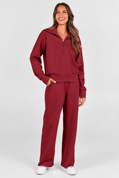 Women's Outfits Casual Lapel Half Zip Sweatshirts And Wide Leg Pants Tracksuit Sets