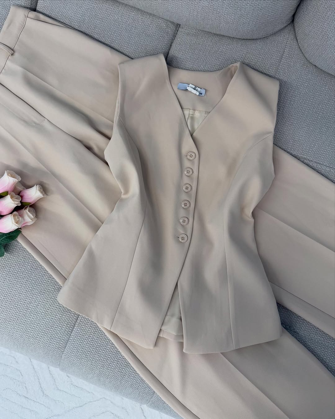 Solid Color Casual Button Vest & Pants Set