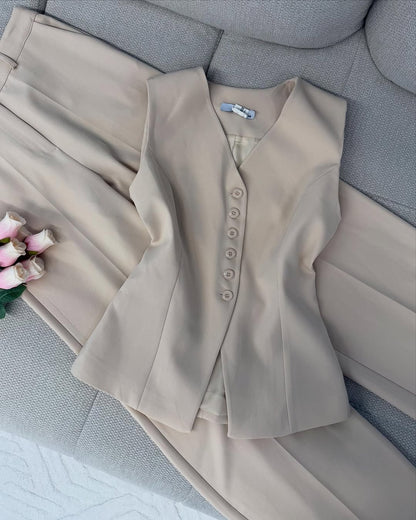 Solid Color Casual Button Vest & Pants Set