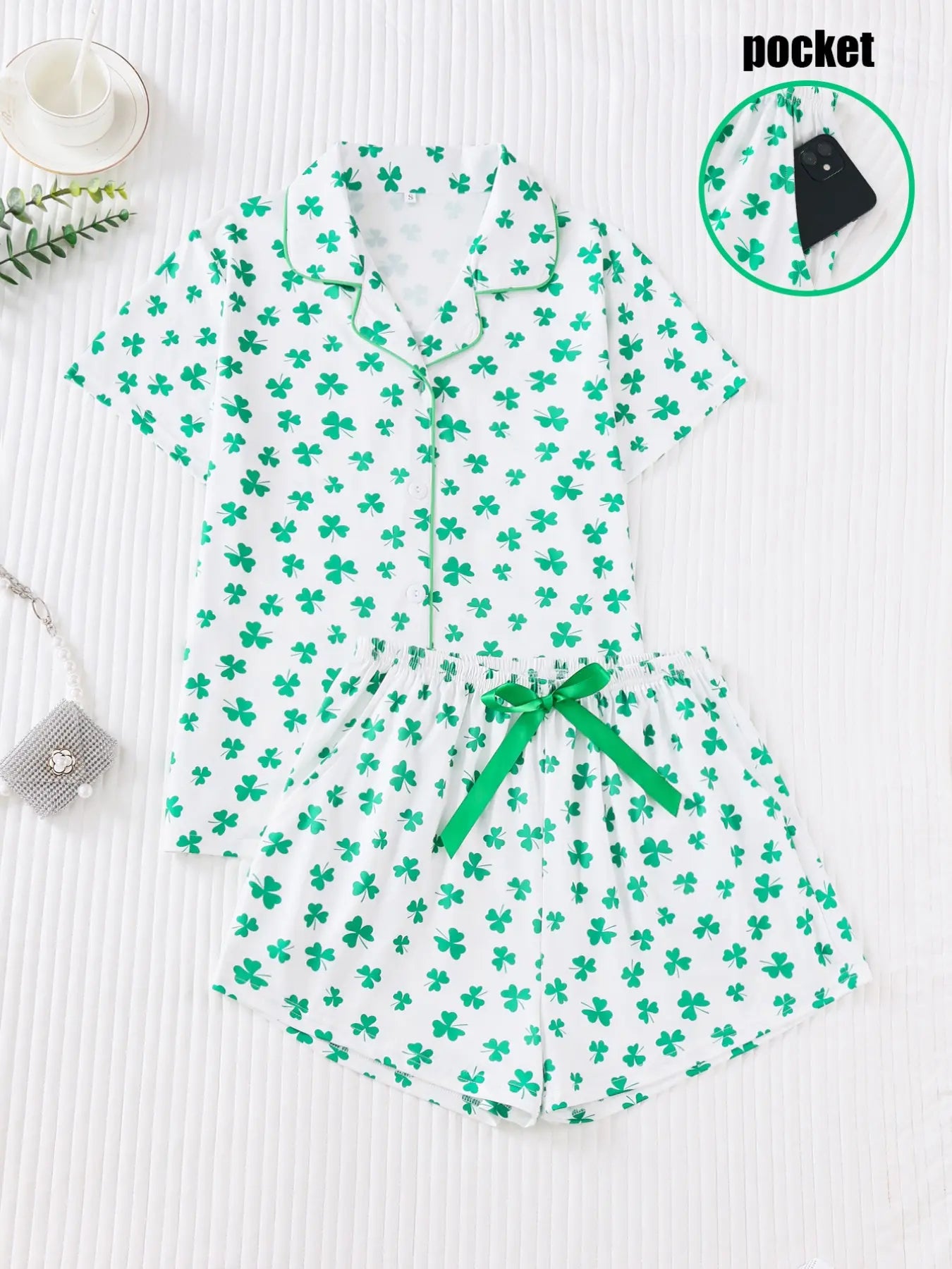 Women's Bow Full-Print Design Two-Piece Sleepwear Set