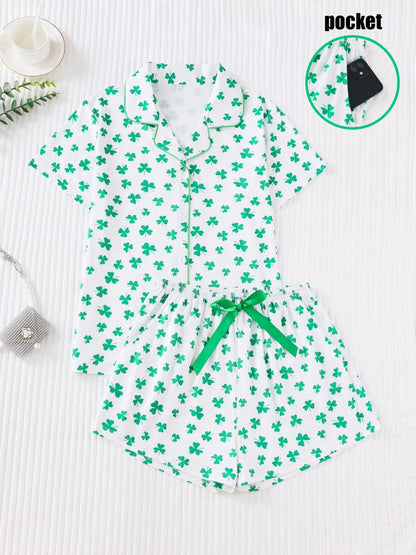 Women's Bow Full-Print Design Two-Piece Sleepwear Set