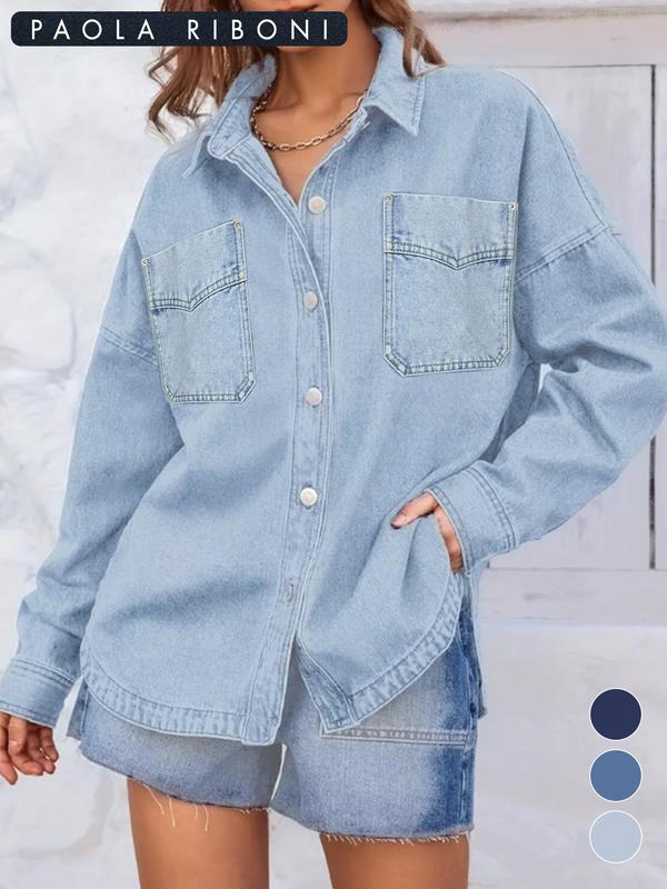 Women's Plain Button Front Drop Shoulder Curved Hem Denim Jacket
