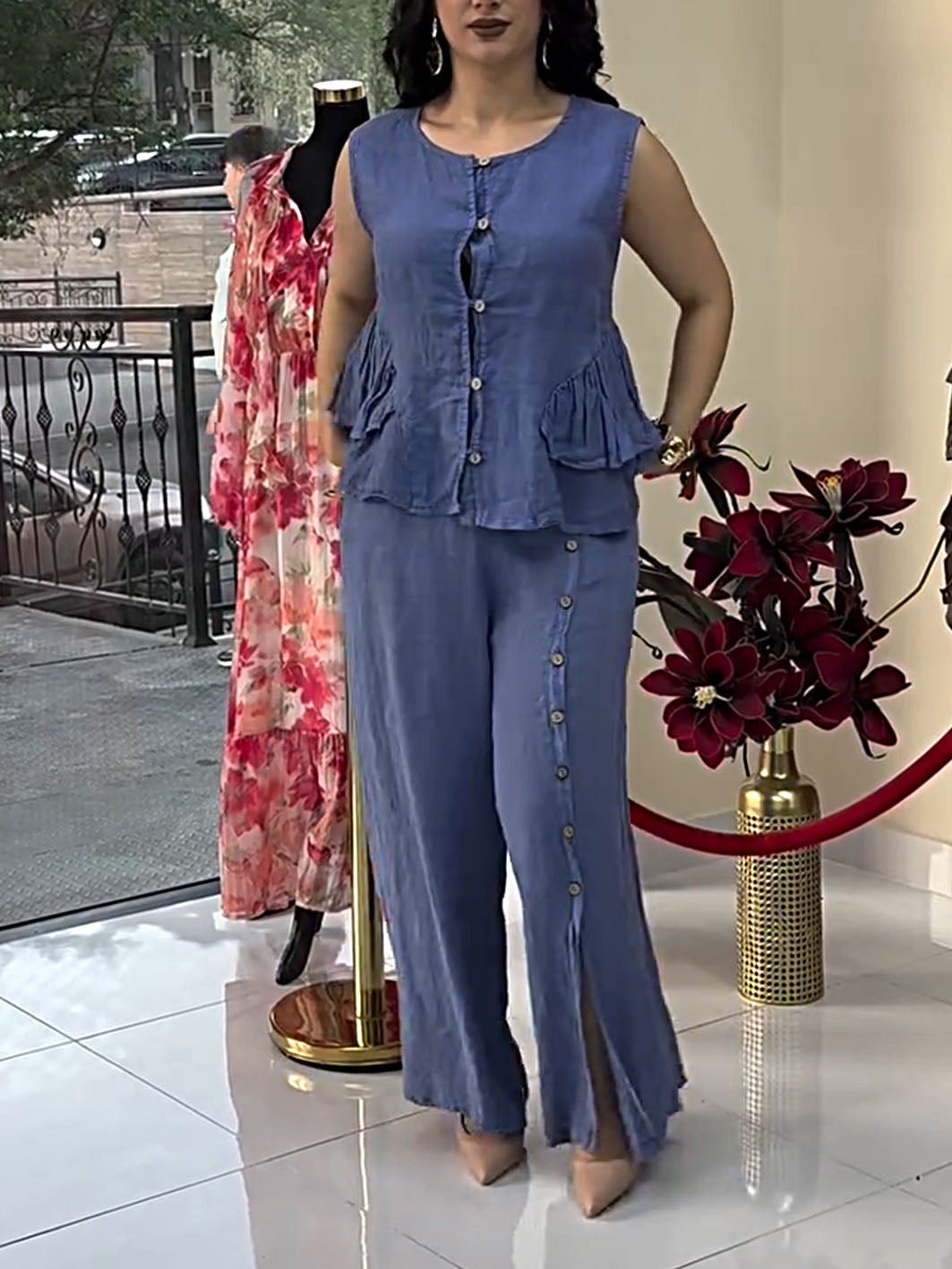 Cotton And Linen Casual Top & Pants Set