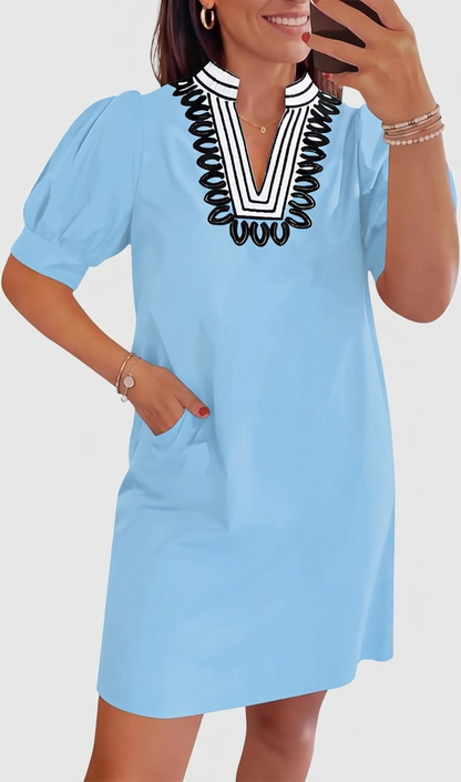 Womens Summer V Neck Shift Dresses Puff Short Sleeve Casual Dress