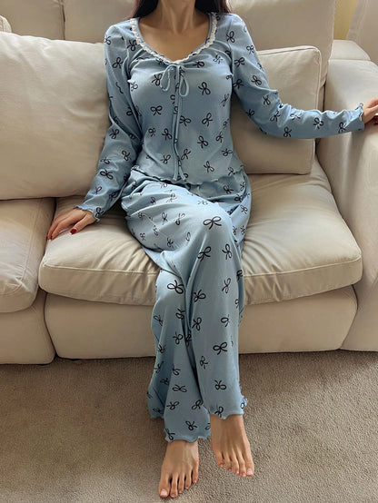 Women's Bow Print Long-Sleeve Lounge Pajama Set