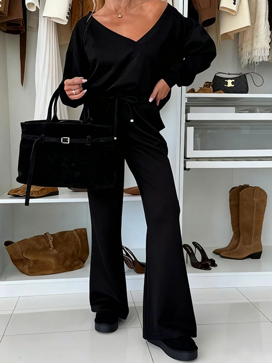 Autumn And Winter Solid Color Knitted V-Neck Top & Pants Set