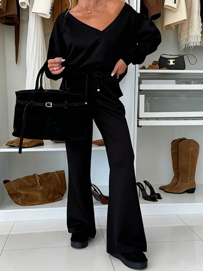Autumn And Winter Solid Color Knitted V-Neck Top & Pants Set