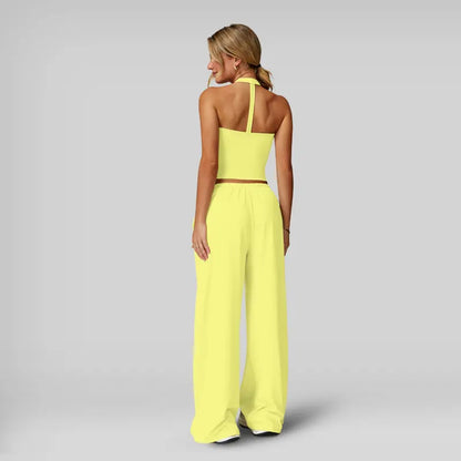 Women's Quick-Drying Athleisure Outfits - Adjustable V-Neck Strappy Top & Wide Leg Pants