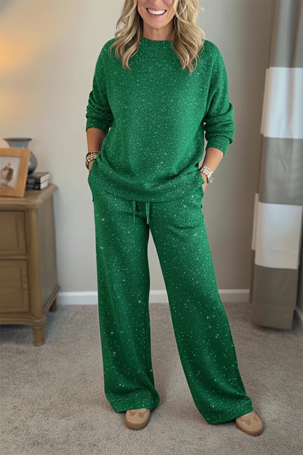 Women Round Neck Hot Diamond Flash Solid Color Casual Suit