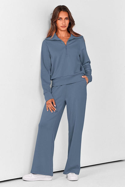 Women's Outfits Casual Lapel Half Zip Sweatshirts And Wide Leg Pants Tracksuit Sets