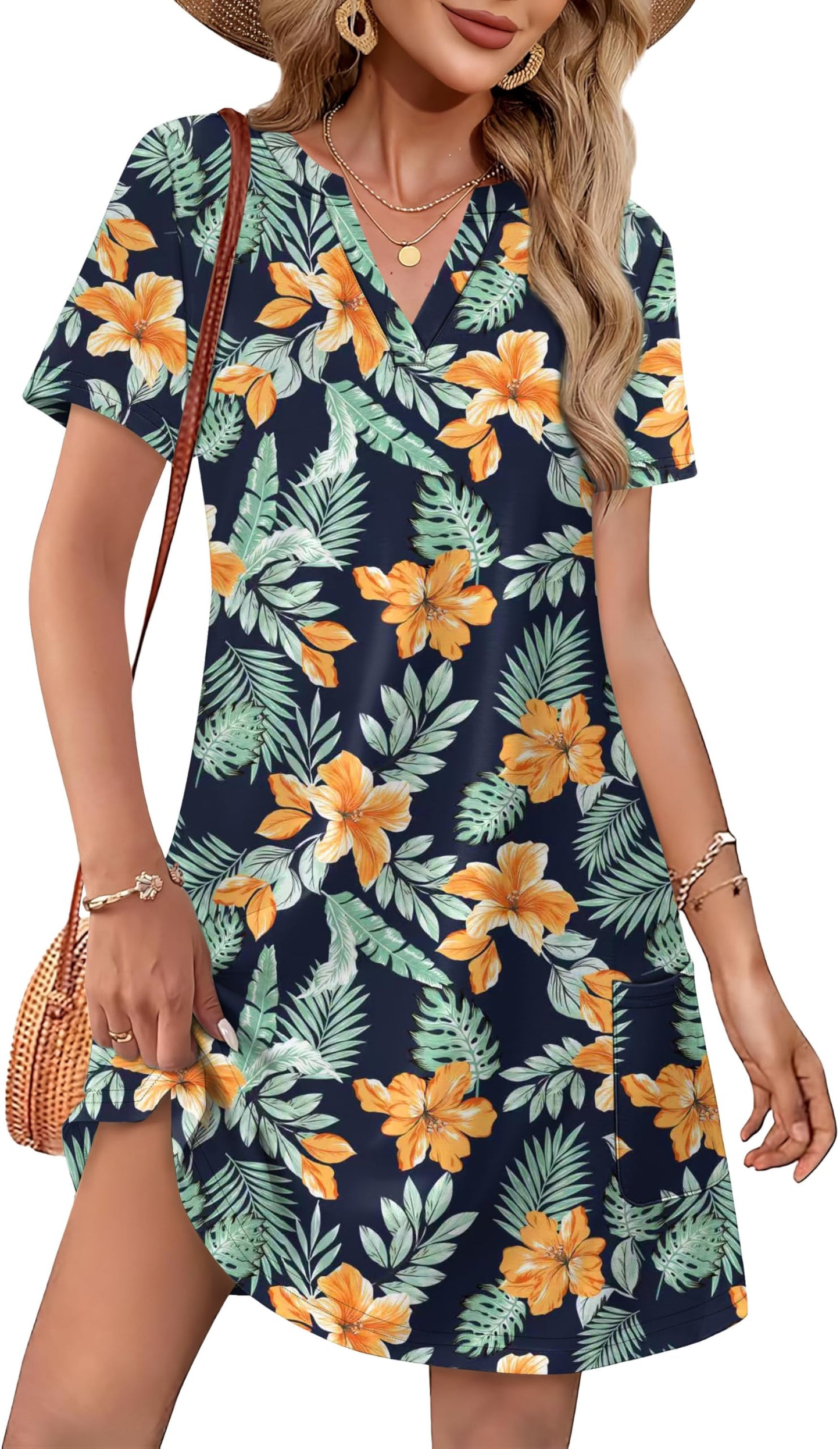 Women Casual V Neck Hawaiian Midi Dress