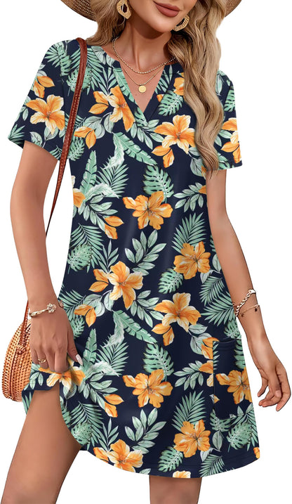 Women Casual V Neck Hawaiian Midi Dress
