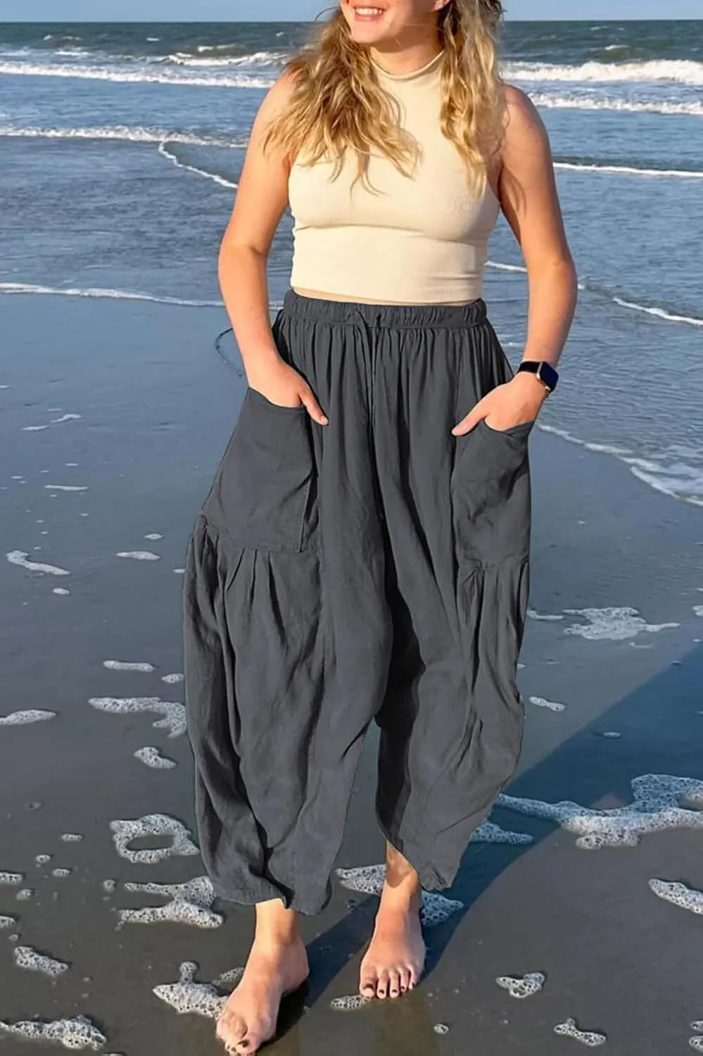 Women's Linen Wide Leg Pants Casual Loose Drawstring Low Waist with Pockets