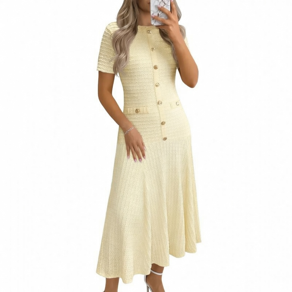 Womens Midi Dress Summer Casual Short Sleeve Crewneck Button Decor