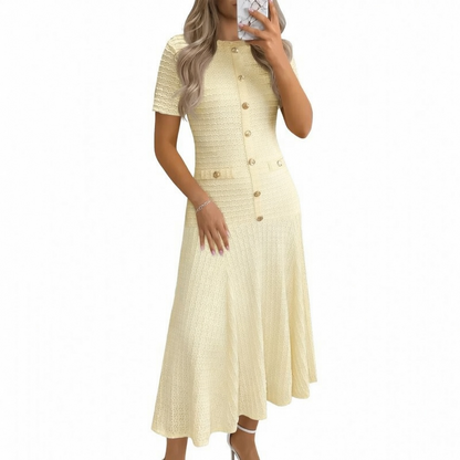 Womens Midi Dress Summer Casual Short Sleeve Crewneck Button Decor