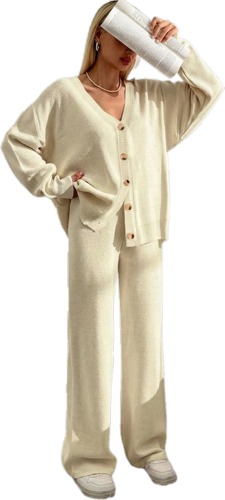 ⏰Final 2-Hour Clearance⚡ Women’s Button Front V-Neck Cardigan & Elastic Waist Wide-Leg Pants Set – Casual Cozy Knit Two-Piece Outfit for Fall & Winter