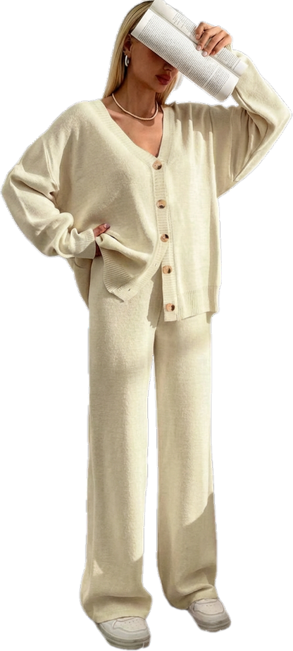⏰Final 2-Hour Clearance⚡ Women’s Button Front V-Neck Cardigan & Elastic Waist Wide-Leg Pants Set – Casual Cozy Knit Two-Piece Outfit for Fall & Winter