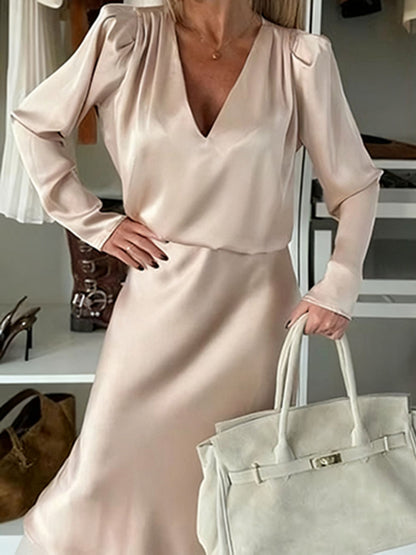 Silky Satin Long-Sleeved V-Neck And Skirt Suit