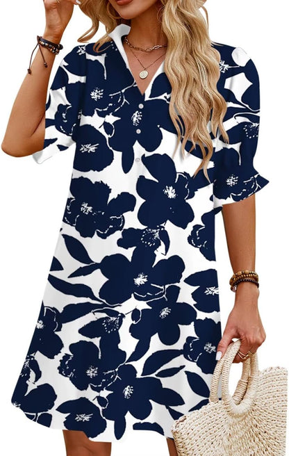 Womens Summer Shirt Mini Dresses with Pockets