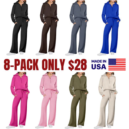Women's 2 Piece Outfits Casual Lapel Half Zip Sweatshirts And Wide Leg Pants Tracksuit Sets