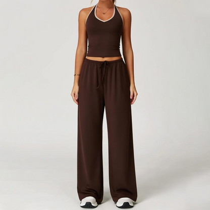 Women's Quick-Drying Athleisure Outfits - Adjustable V-Neck Strappy Top & Wide Leg Pants