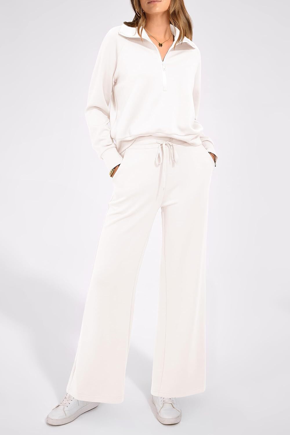 Women's Outfits Casual Lapel Half Zip Sweatshirts And Wide Leg Pants Tracksuit Sets