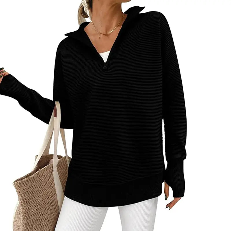 Women's Long Sleeve Quarter Zip Pullover Sweater Casual Loose V Neck Collared Ribbed Knit Jumper Tops Thumb Hole Cozy Ribbed Knit Soft Warm Trendy Colors for Every Season