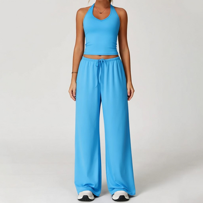 Women's Quick-Drying Athleisure Outfits - Adjustable V-Neck Strappy Top & Wide Leg Pants