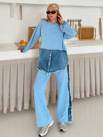 Women'S Knitted Patchwork Denim Top & Pants Set