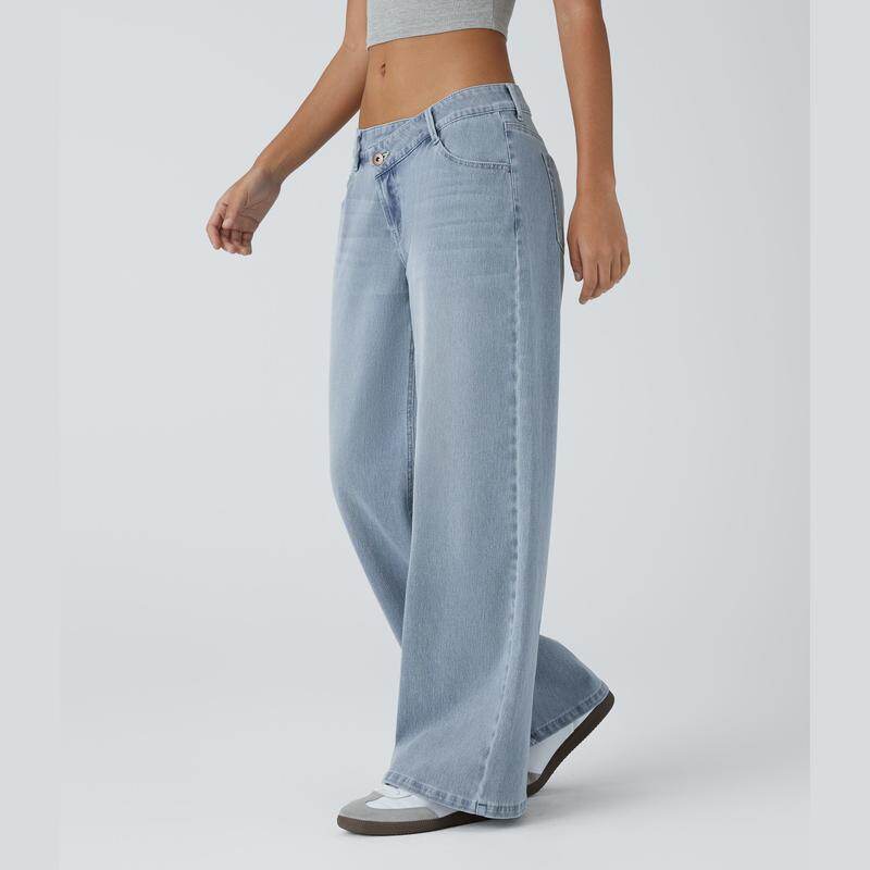 💘 Valentine’s Day Sale 💘 Flex Low-Rise Asymmetric Baggy Wide-Leg Washed Jeans with Zipper Pockets