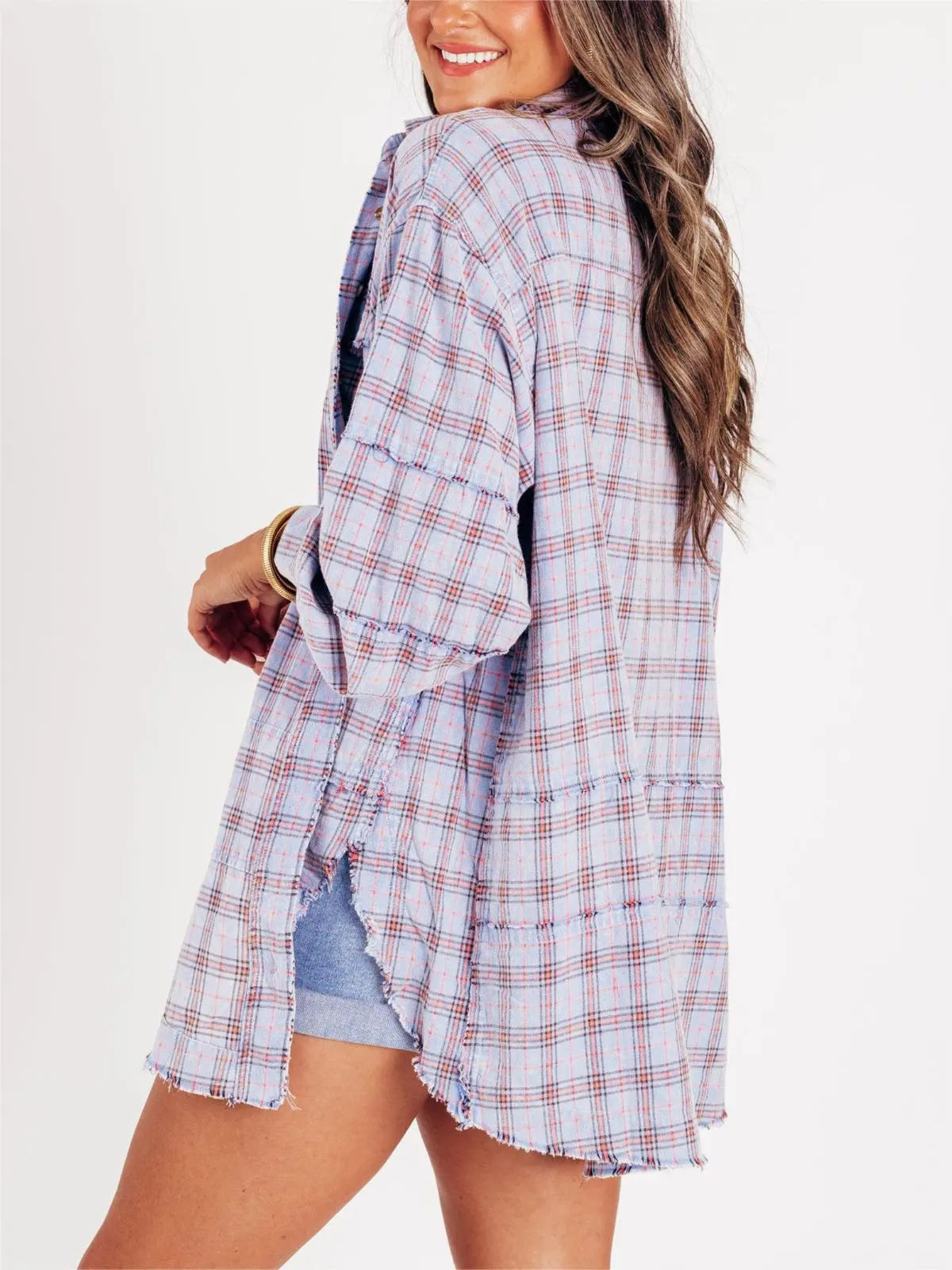 ⏰Hot Sale-Women's Seams Raw Edge Washed Oversized Shirt Jacket with Pockets 🔥New arrivals at special price🔥