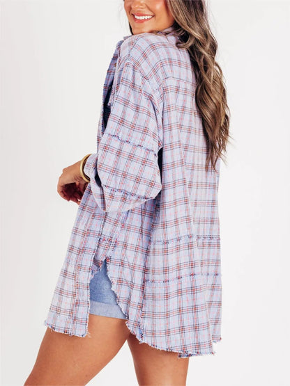 ⏰Hot Sale-Women's Seams Raw Edge Washed Oversized Shirt Jacket with Pockets 🔥New arrivals at special price🔥