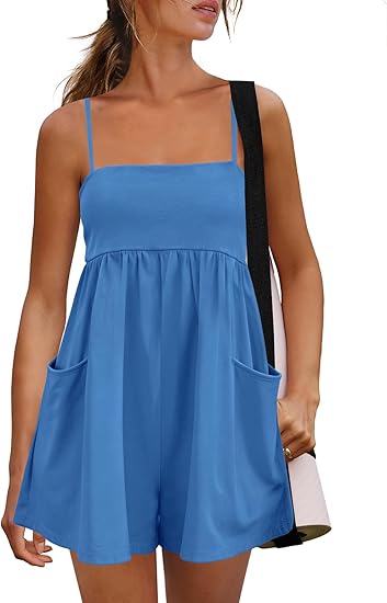Women's Summer Strappy Romper Square Casual Oversized Workout Athletic Romper Neck Backless