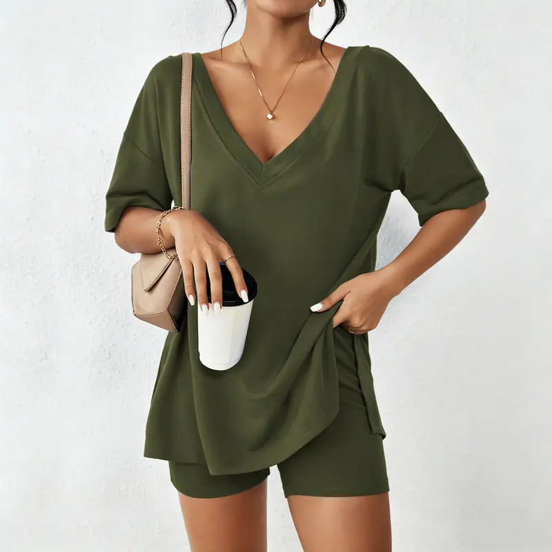 V-neck Two-Piece Pajama Set For Women Summer Casual Oversized Split Hem Shirts