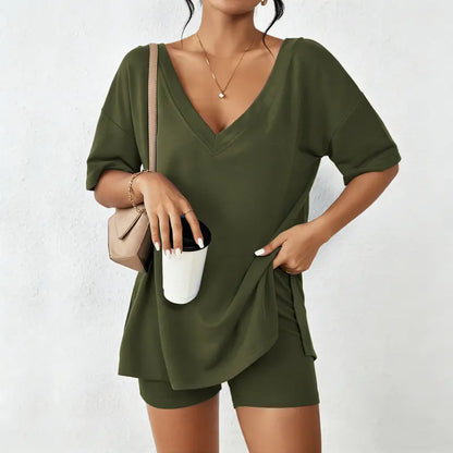 V-neck Two-Piece Pajama Set For Women Summer Casual Oversized Split Hem Shirts
