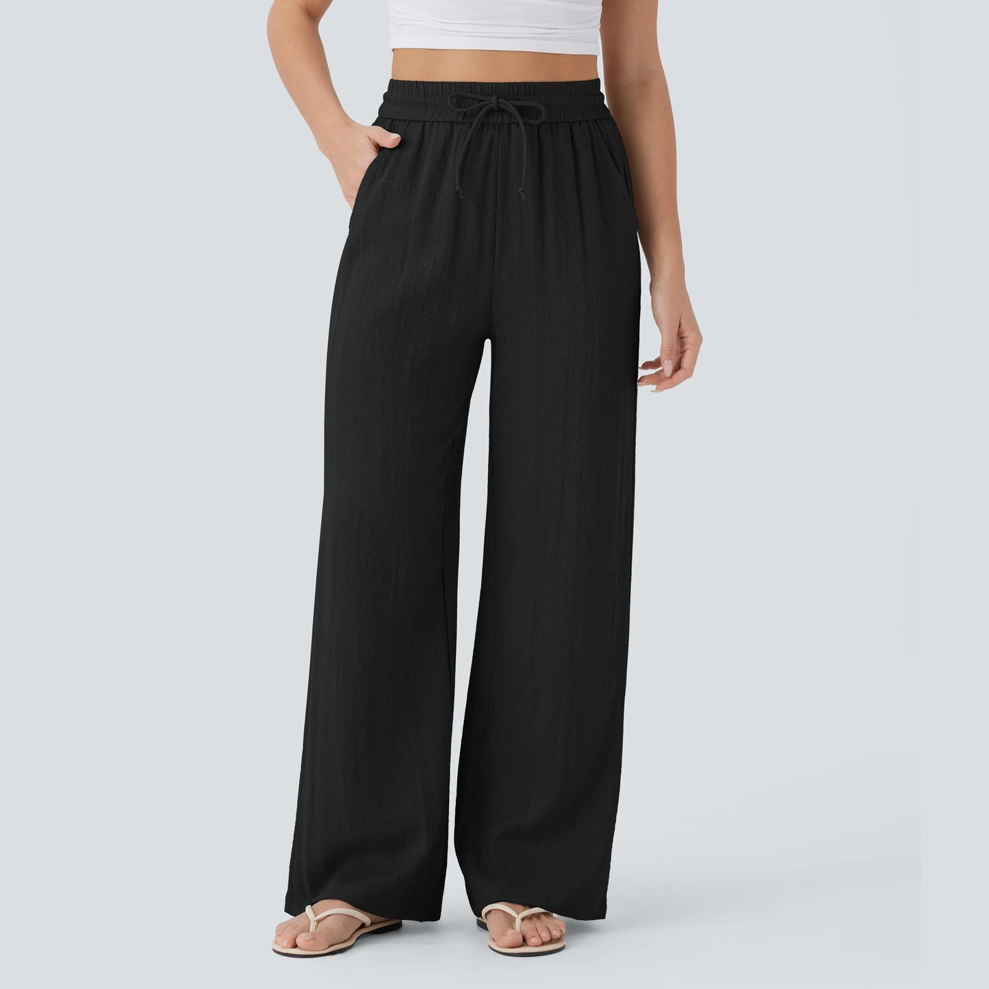 High-Waisted Drawstring Wide-Leg Linen-Feel Pants with Pockets