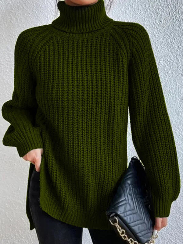 💥Last day only $37.99📢 Long Sleeves Loose Solid Color Split-Side High Neck Pullovers Sweater Tops