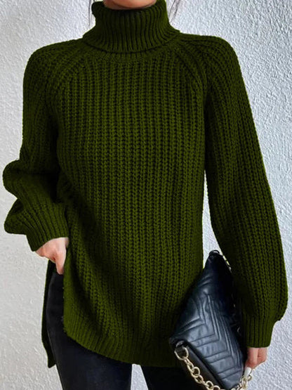 💥Last day only $37.99📢 Long Sleeves Loose Solid Color Split-Side High Neck Pullovers Sweater Tops
