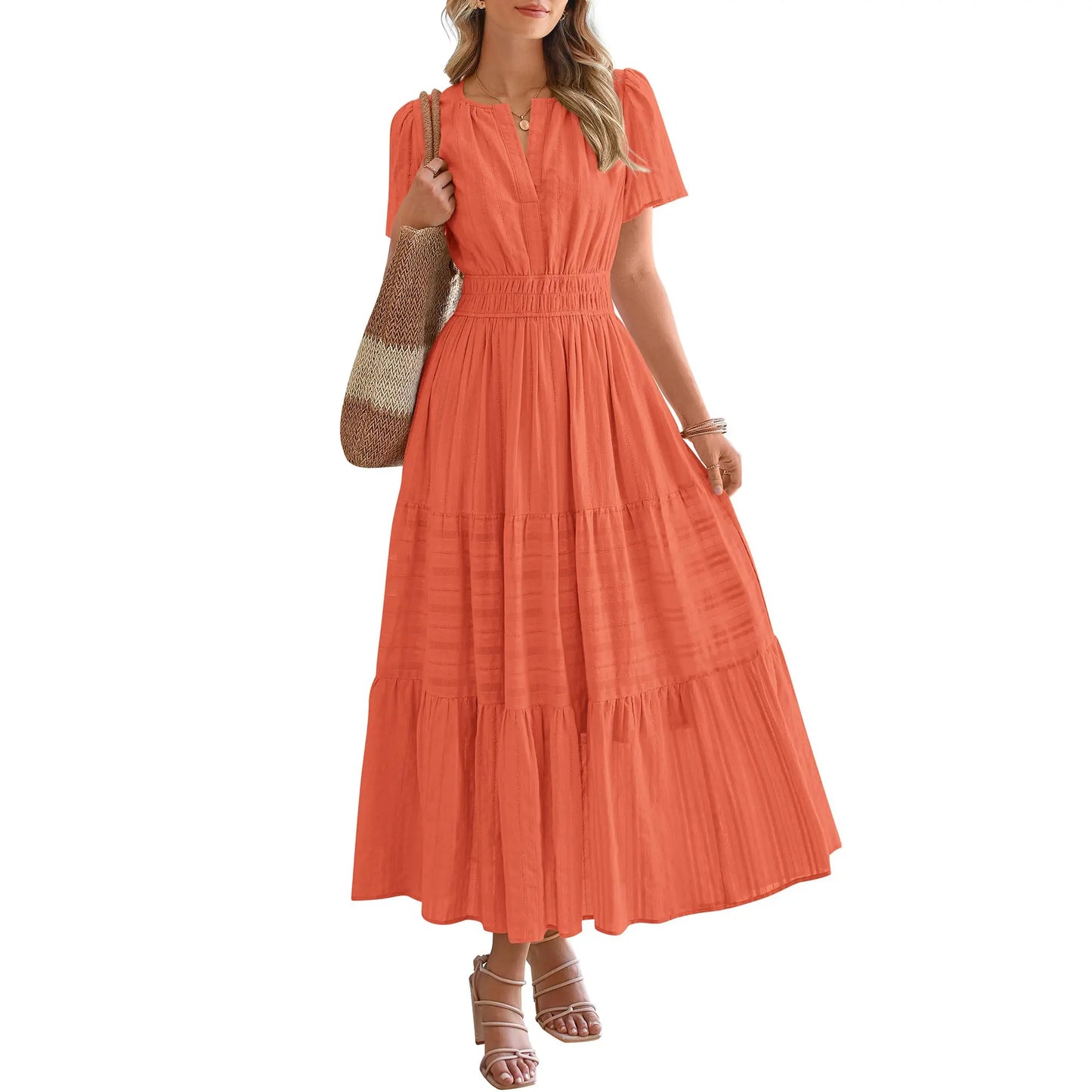 Women's Summer 2026 Casual Maxi Dress Lightweight Short Sleeve V Neck Boho Dress with Pockets