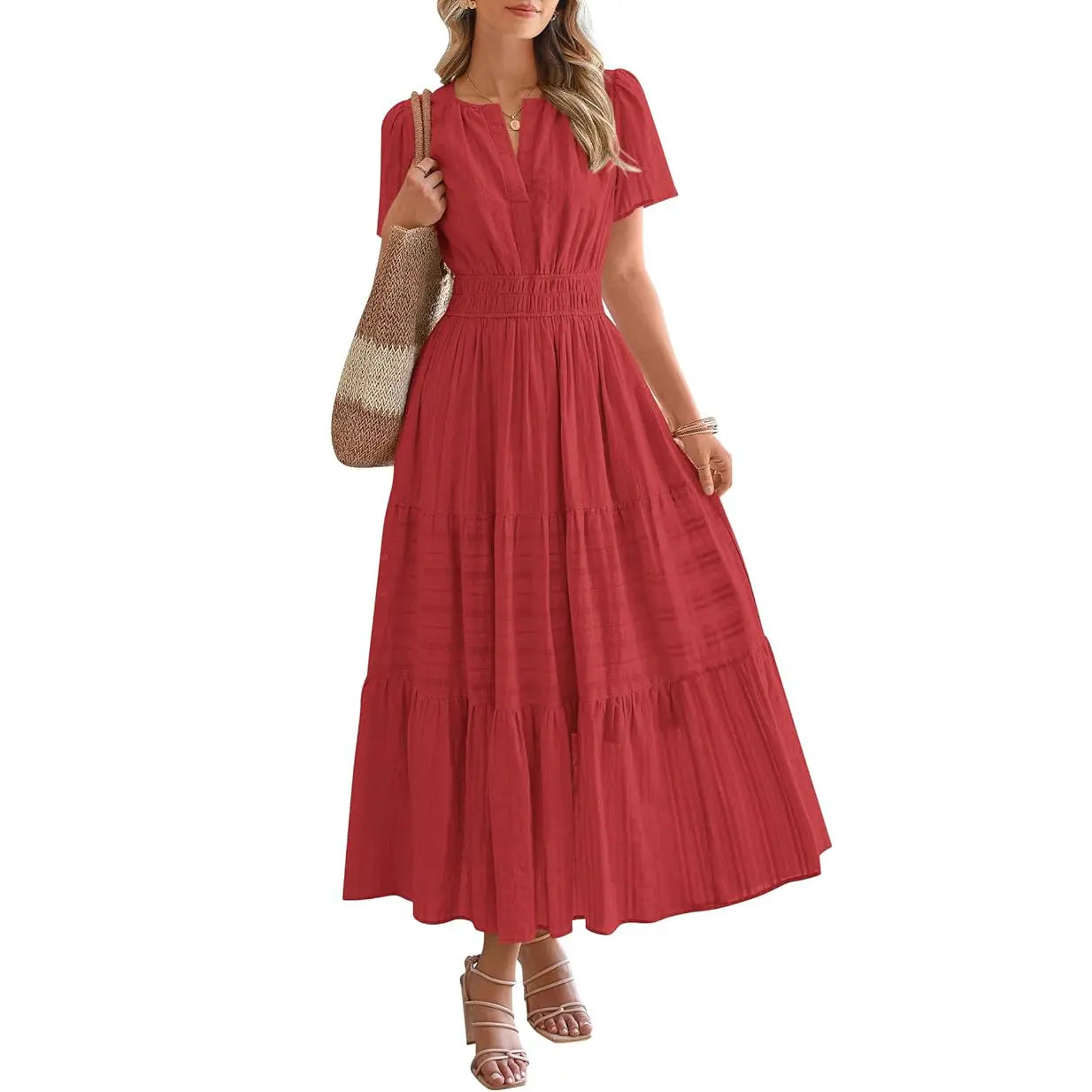 Women's Summer 2026 Casual Maxi Dress Lightweight Short Sleeve V Neck Boho Dress with Pockets