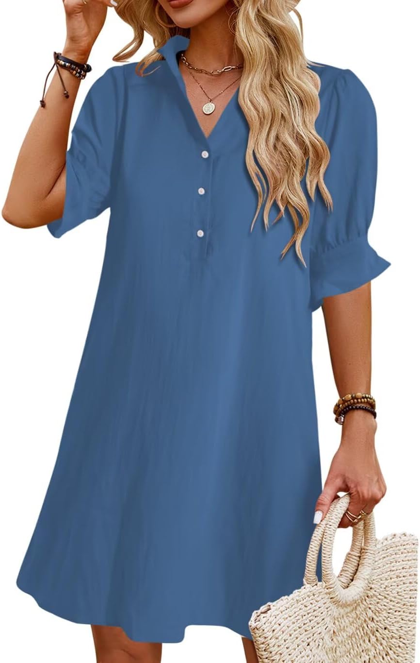 Womens Summer Shirt Mini Dresses with Pockets