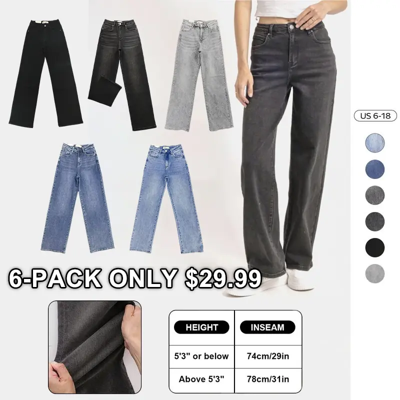 🔥6 Pack-Women's High Waist Wide Leg Jeans - Stretch Denim Trousers with Multi-Pockets