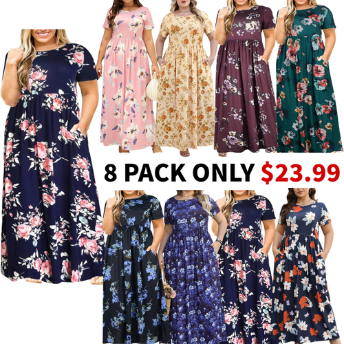 Women Summer Casual Loose Short Sleeve Long Beach Dress with Pocket