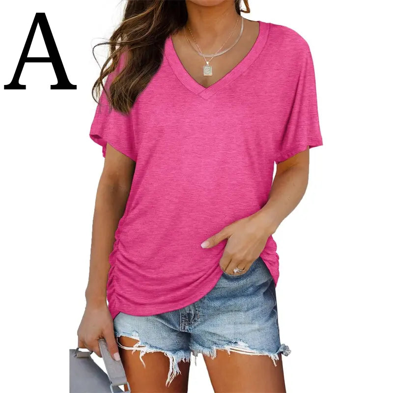 Last day discount🔥🔥Womens Short Sleeve V Neck Dolman Tops with Side Shirring