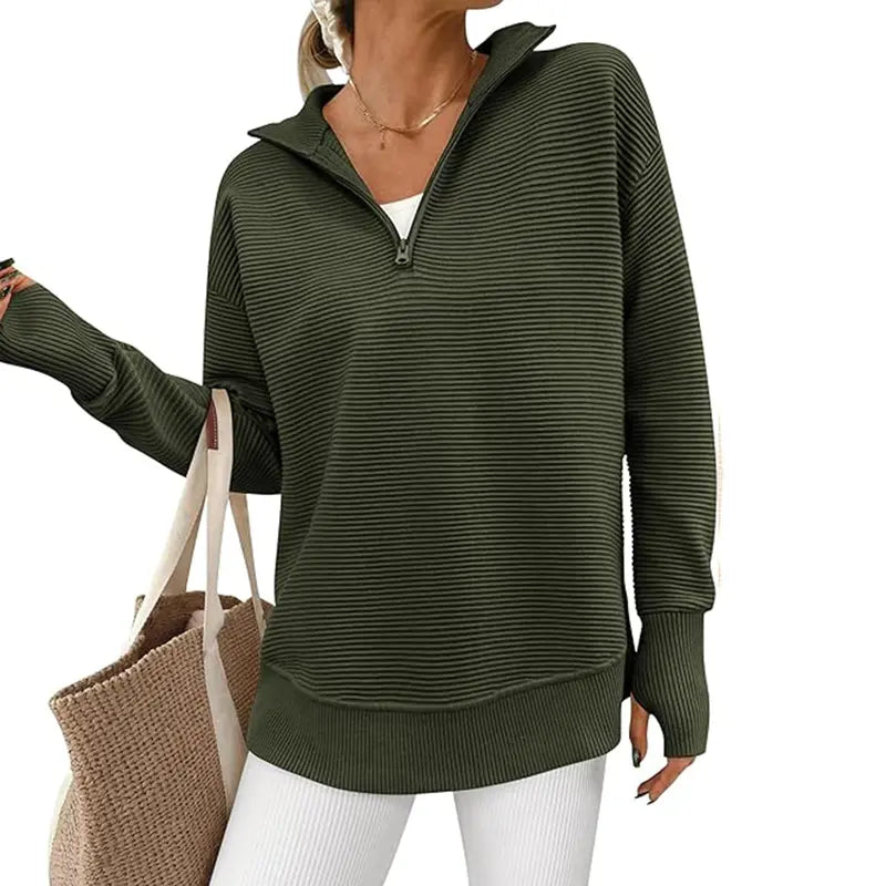 Women's Long Sleeve Quarter Zip Pullover Sweater Casual Loose V Neck Collared Ribbed Knit Jumper Tops Thumb Hole Cozy Ribbed Knit Soft Warm Trendy Colors for Every Season