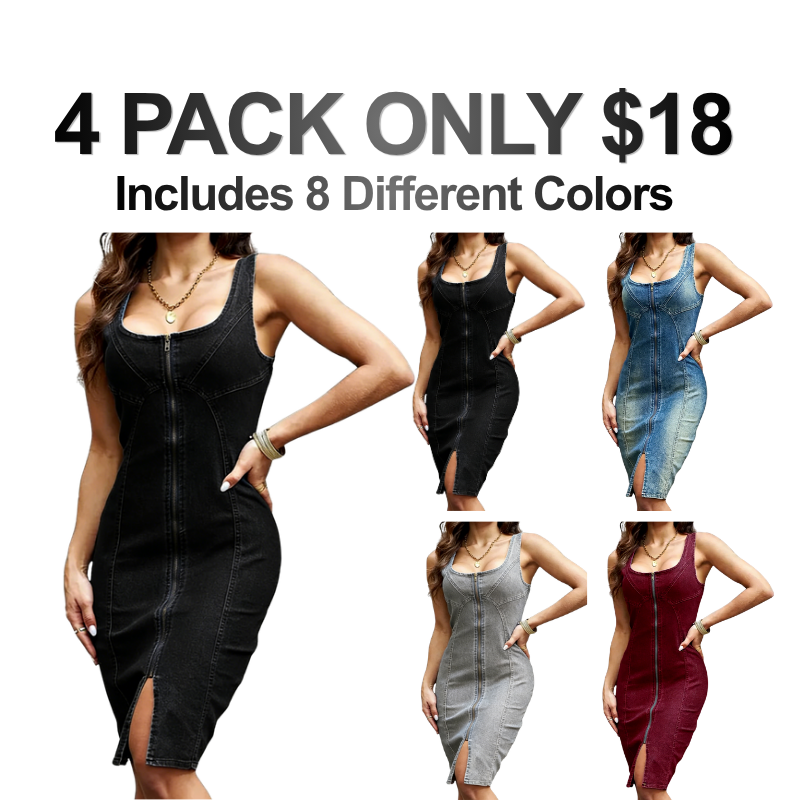 Women's Summer Lightweight Denim Zipper Front Bodycon Dress